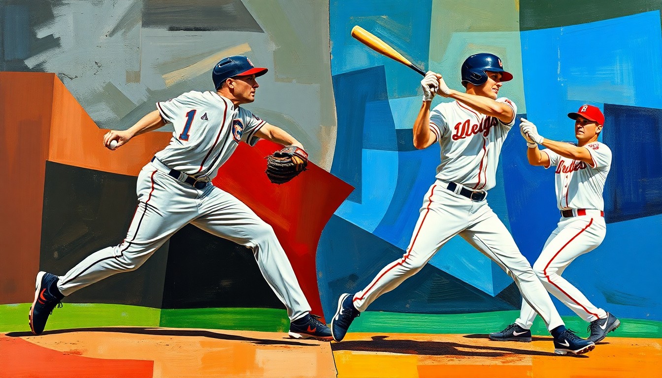 A fragmented, geometric painting depicting the motion of a baseball pitcher's delivery and a batter's swing, conveying the intensity and frustration of a closely contested game.