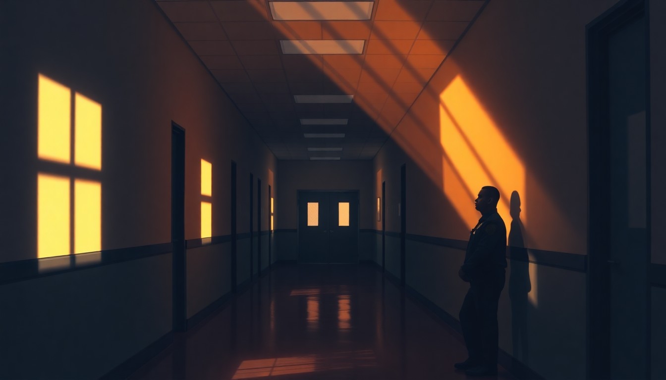 A dimly lit school hallway with a lone School Resource Officer standing at the end, the scene bathed in warm, cinematic lighting that evokes a sense of contemplation and uncertainty about their role.
