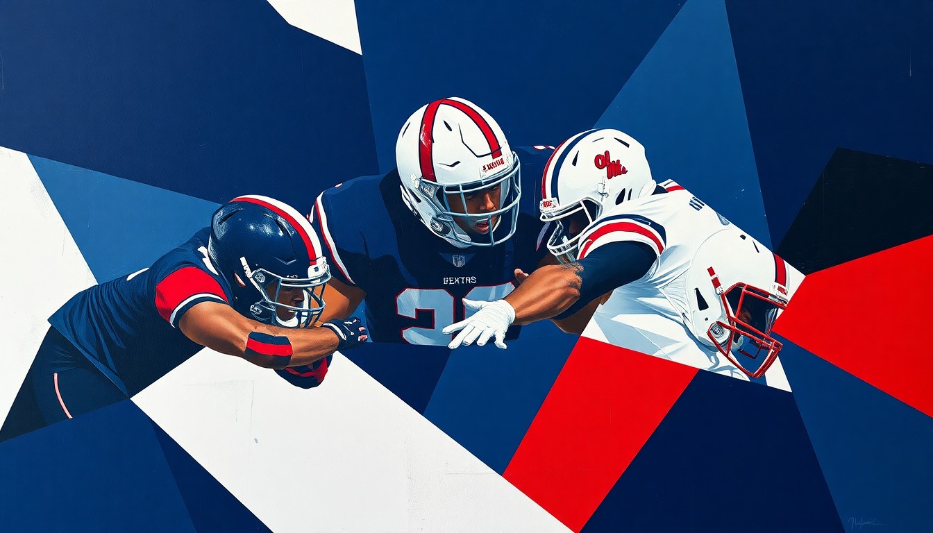 A cubist, geometric painting depicting the intense action of a college football defensive secondary, with sharp, overlapping planes of navy blue, red, and white representing the Rebels' defensive backfield.