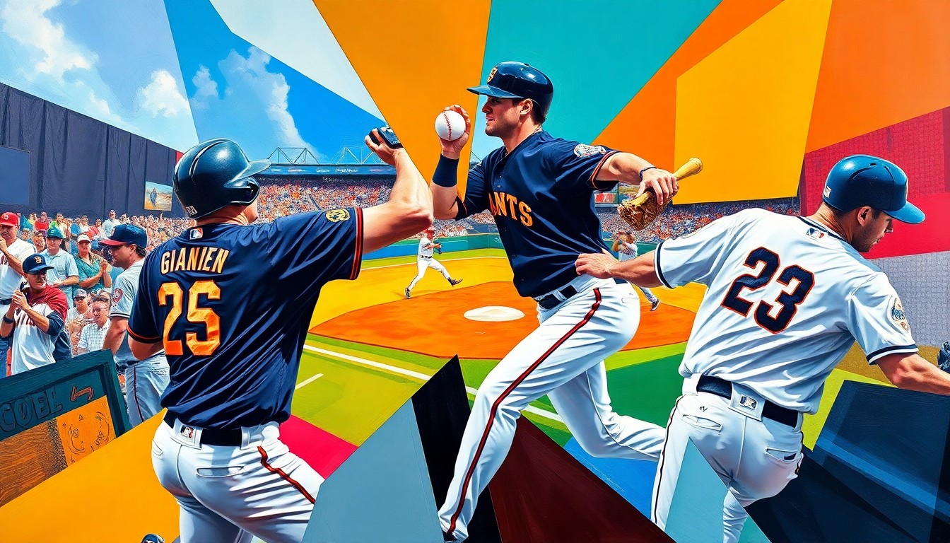 A cubist, geometric painting depicting a baseball game in progress, with the players' movements and actions broken down into sharp, overlapping shapes and planes in vibrant colors.