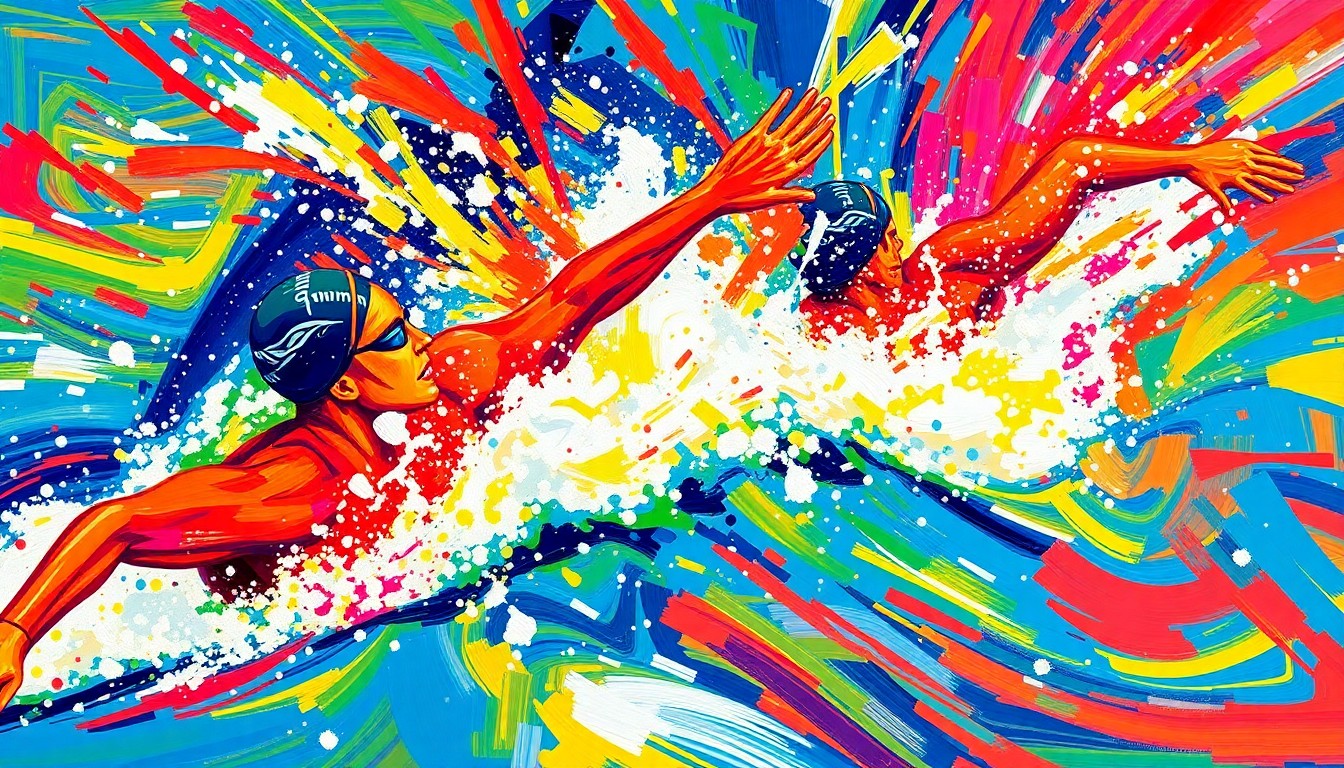 An abstract, expressionist painting featuring vibrant neon brushstrokes and fluid, dynamic shapes that capture the raw energy and movement of open water swimmers competing in a race.