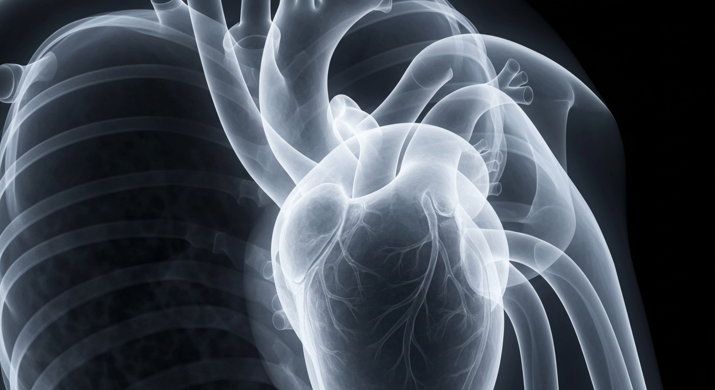 An extreme close-up, ghostly X-ray image revealing the intricate internal structure of a human heart, conceptually representing the cardiovascular health impacts of sleep apnea and CPAP therapy.