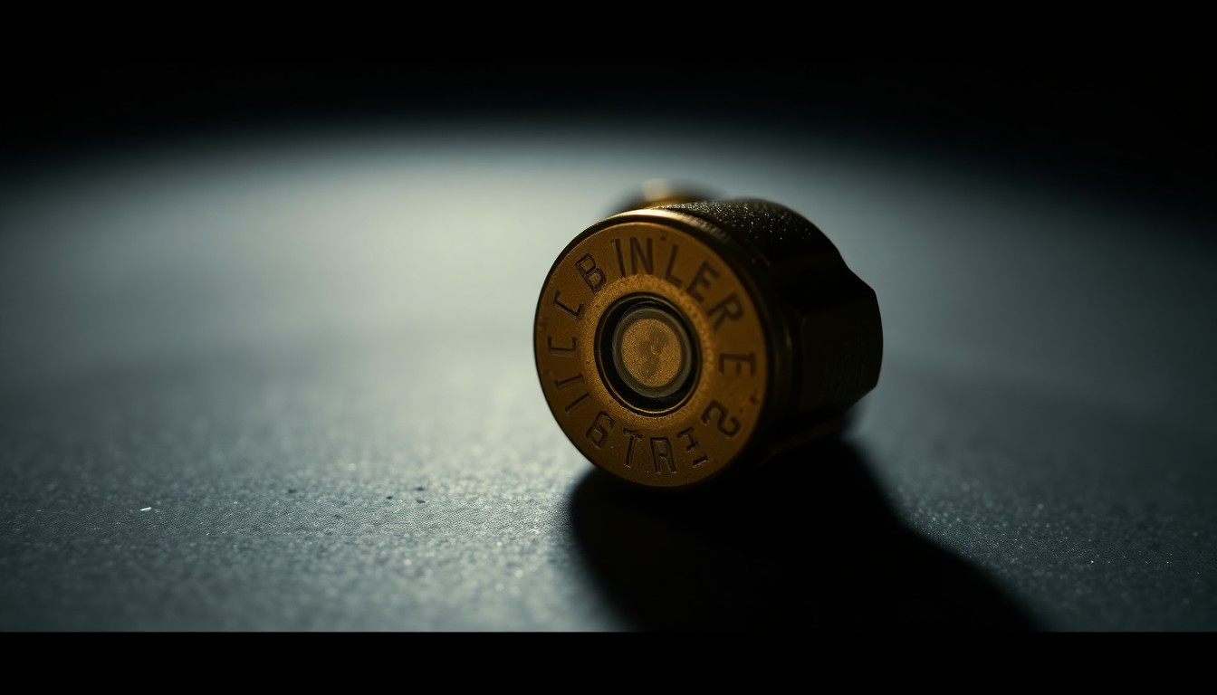 An extreme close-up of a shiny brass bullet casing against a pitch-black background, dramatically lit by a harsh camera flash to create a stark, gritty, investigative aesthetic.