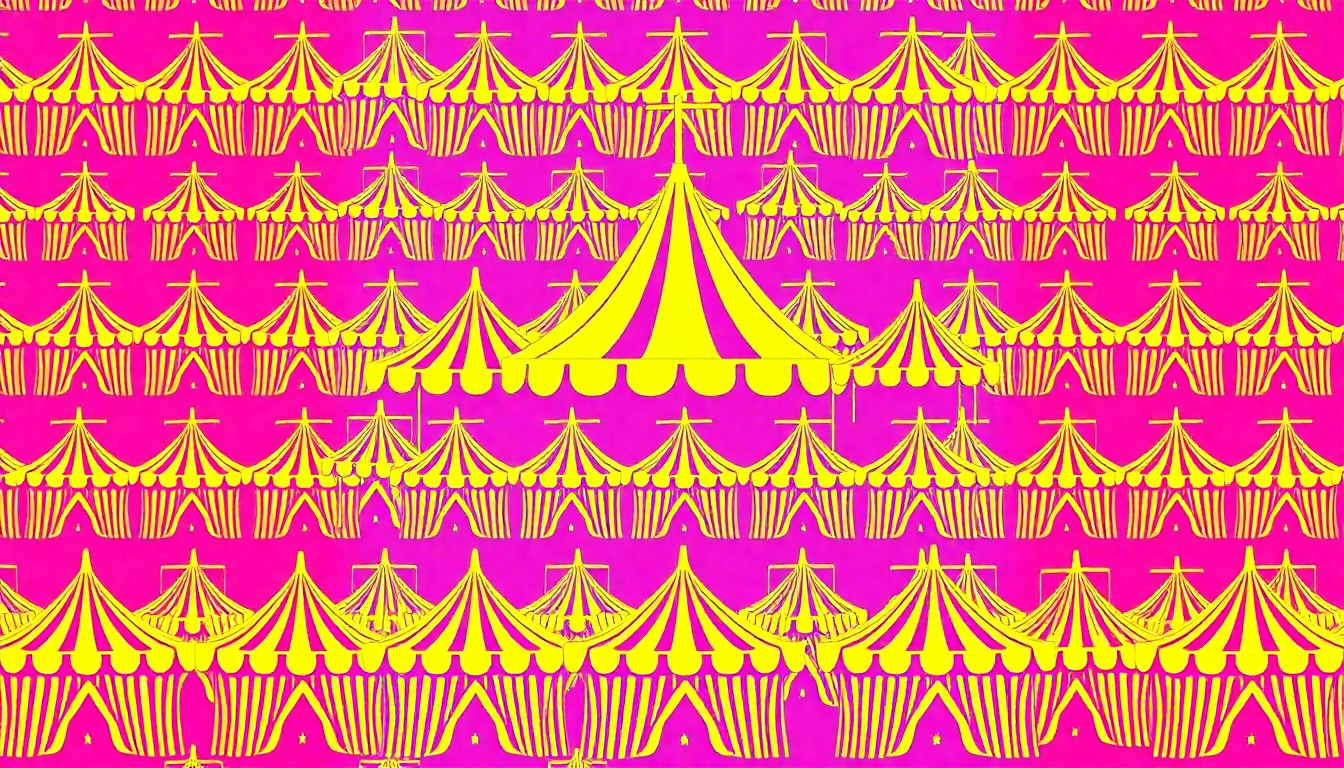 A bold, colorful silkscreen-style illustration featuring a repeated icon of a classic circus tent in bright neon shades, conceptually representing the energy and excitement of the Culpepper & Merriweather Circus event in Floydada.