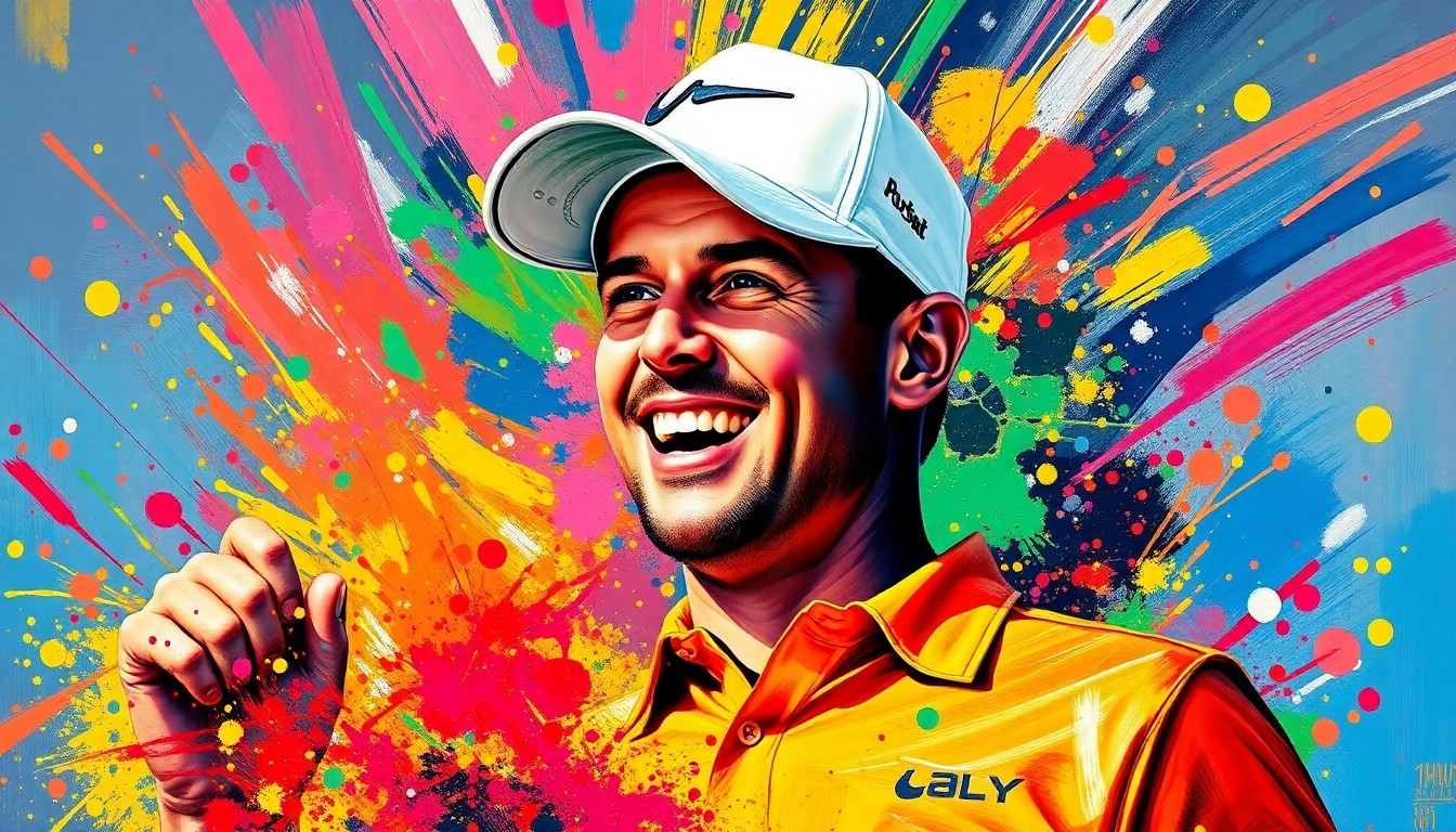 An abstract, expressionist painting in vibrant neon colors, capturing the raw energy and emotion of a golfer's triumphant swing, with their face and gear dissolving into colorful brushstrokes.