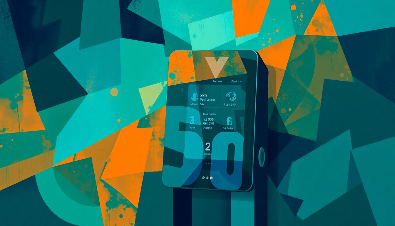 A highly stylized, fragmented painting depicting a sports betting kiosk or mobile device in a dynamic, abstract composition of intersecting geometric shapes and vibrant colors, conveying the chaotic and addictive nature of the industry.