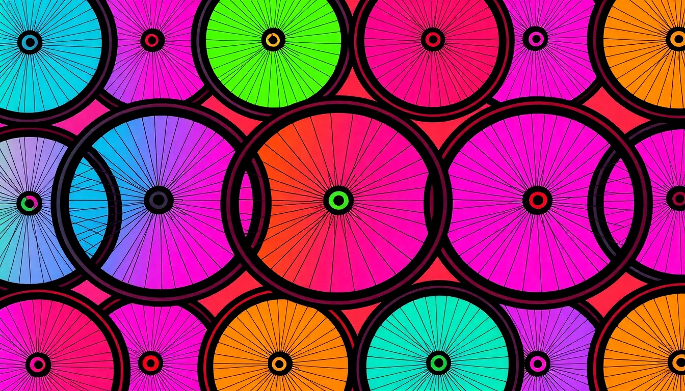 A brightly colored, high-contrast silkscreen print of a bicycle wheel repeated in a tight grid pattern, using vibrant neon color palettes overlapping with heavy black photographic outlines to turn the iconic cycling object into modern pop art.