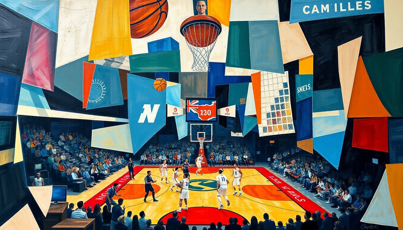 A cubist-style painting depicting a college basketball game broken down into sharp, overlapping geometric shapes and planes, conveying the complex, multi-faceted nature of the transfer portal landscape.