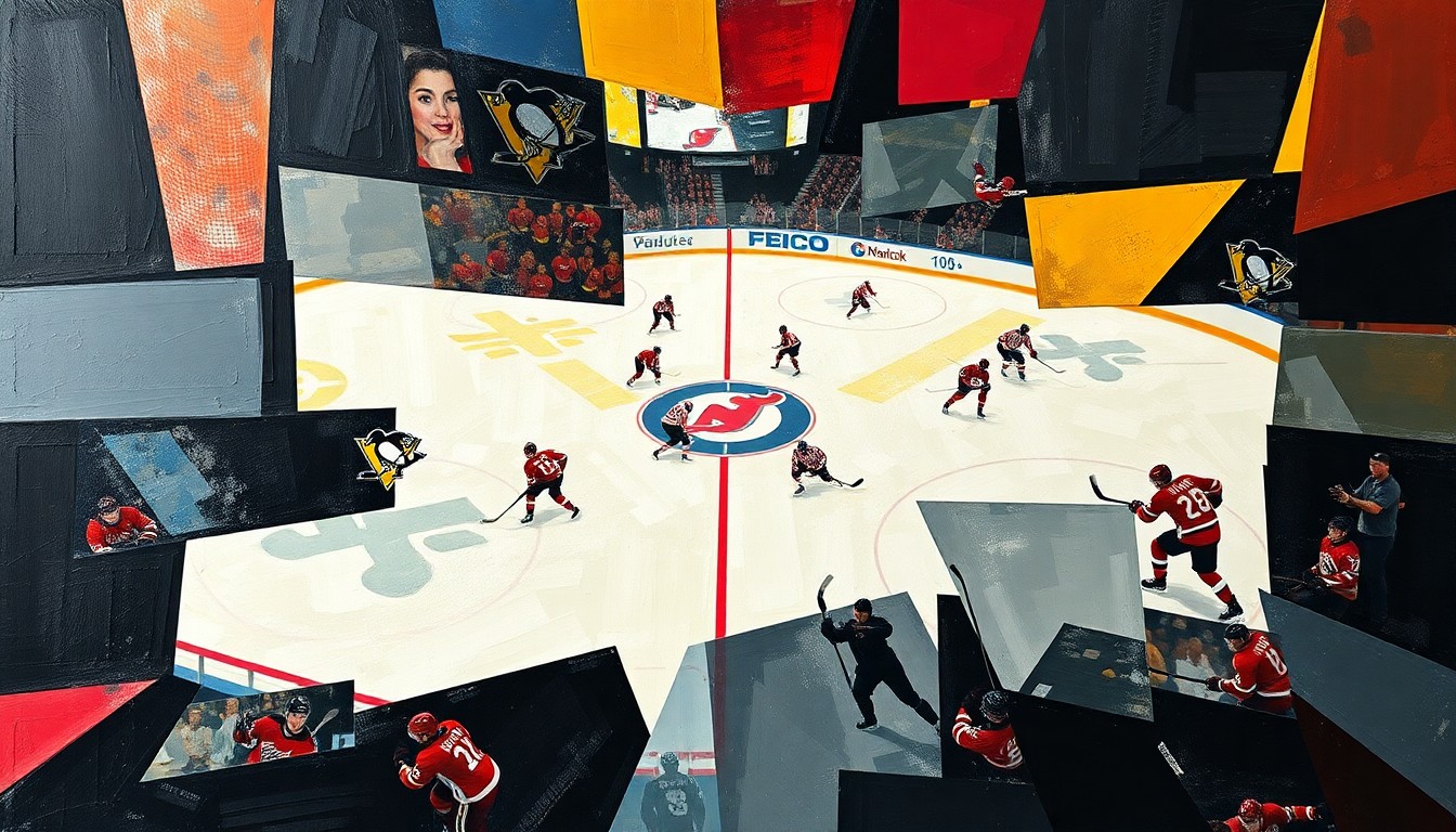 A cubist, geometric painting depicting a hockey game between the Pittsburgh Penguins and New Jersey Devils, with the players and the ice rink broken down into sharp, overlapping planes of color and shape, capturing the dynamic and competitive nature of the matchup.
