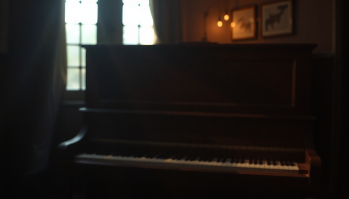 An abstract, out-of-focus photograph of an old upright piano in a dimly lit room, with soft pools of warm light and color creating a nostalgic, dreamlike atmosphere that evokes the legacy of a beloved community member.