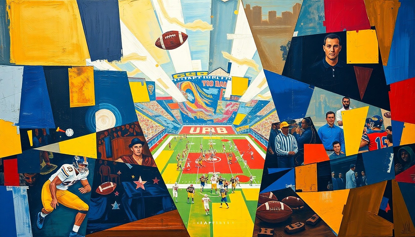 A cubist, geometric painting depicting fragmented football players and draft prospects, conveying the unpredictable nature of the NFL draft process.