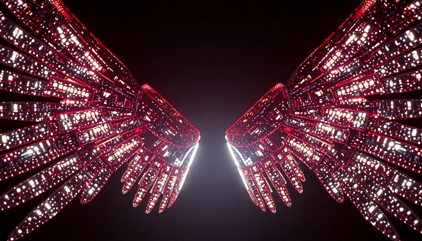An extreme close-up of shimmering, metallic mechanized wings captured in dramatic studio lighting, conveying the futuristic, high-tech aesthetic of Lisa's new music video collaboration.