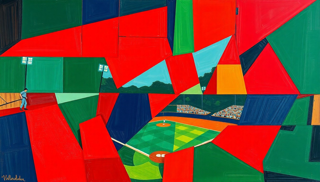A fractured, geometric painting depicting the dynamic action and energy of a high school baseball game, with sharp planes of red, blue, and green representing the players, field, and crowd.