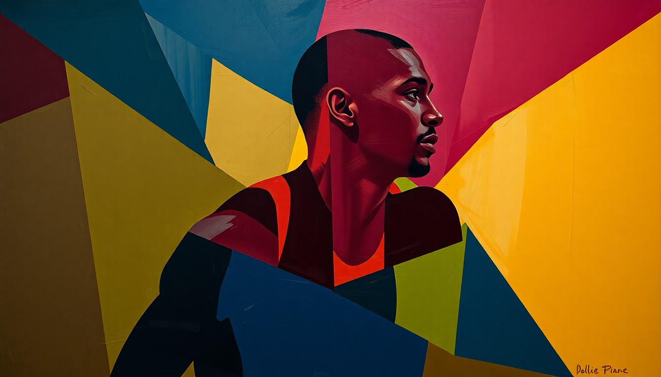 A fragmented, cubist-style painting depicting the silhouette of a basketball player broken down into sharp, overlapping geometric shapes in a palette of deep burgundy, navy blue, and olive green, conceptually representing the uncertainty surrounding the 76ers' playoff hopes after Embiid's appendectomy.