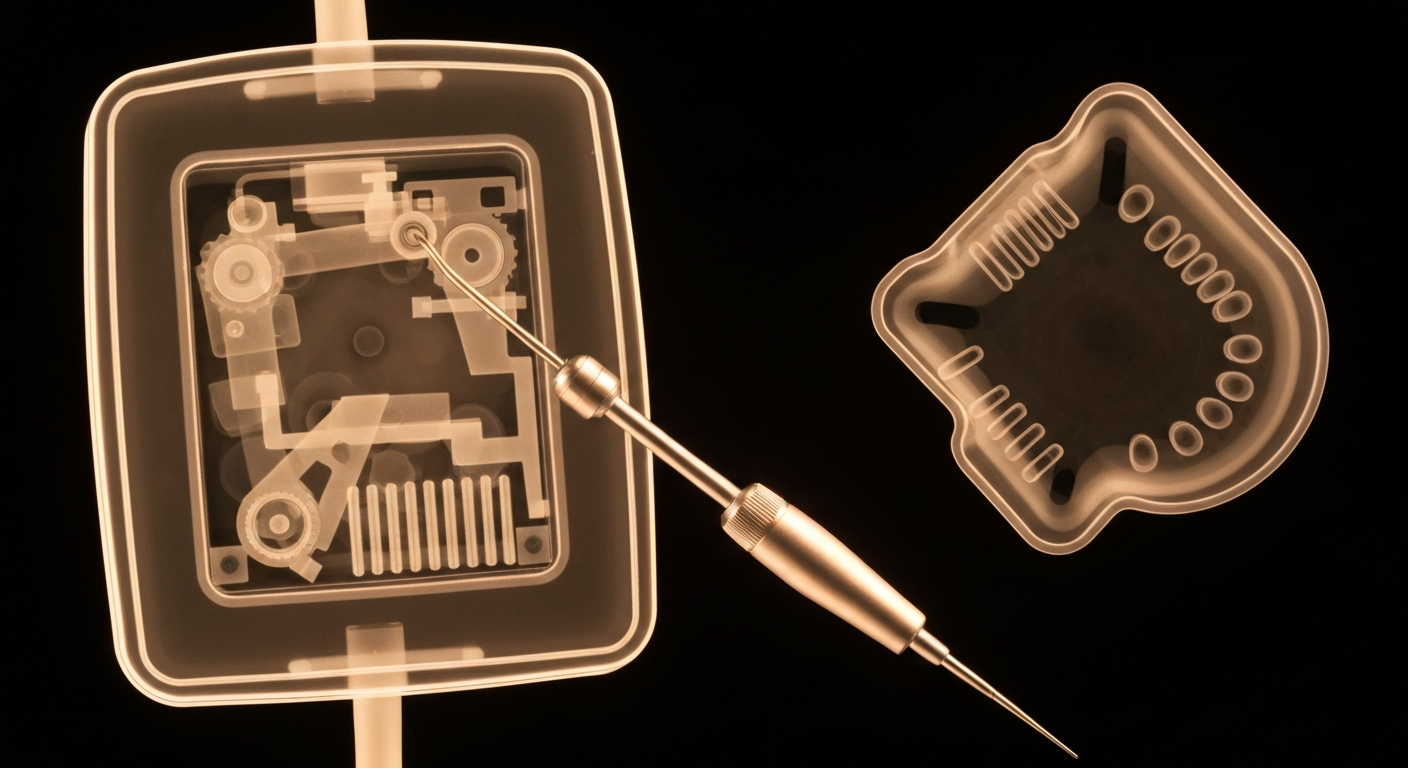 An extreme close-up X-ray photograph revealing the intricate internal structures of various dental tools and equipment, appearing as ghostly glowing lines against a dark background, conceptually illustrating the advanced dental technology and services offered at Aghbashian Dental.