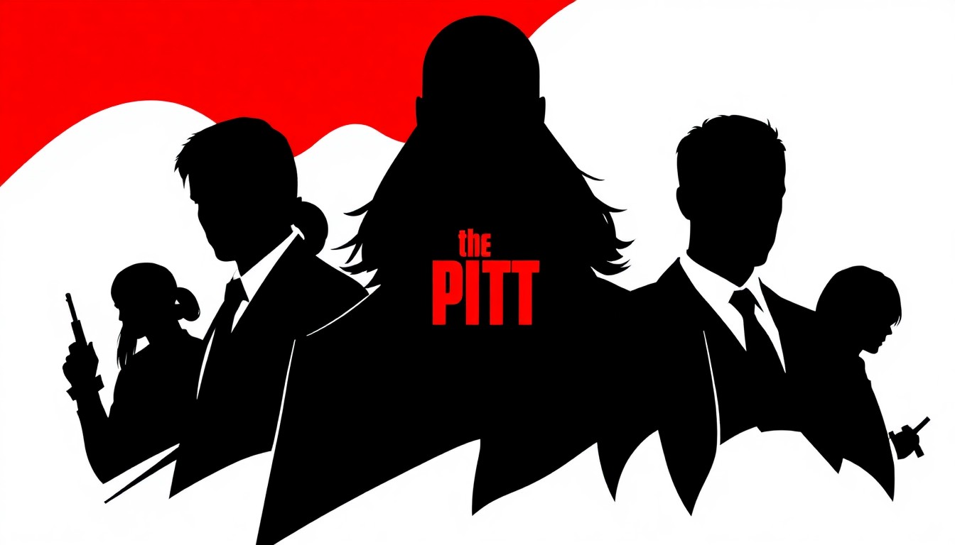 An abstract, minimalist illustration featuring sharp, angular black silhouettes of the main characters from the TV series The Pitt, set against a high-contrast background of bold red and white shapes, conveying the dramatic and suspenseful tone of the show.
