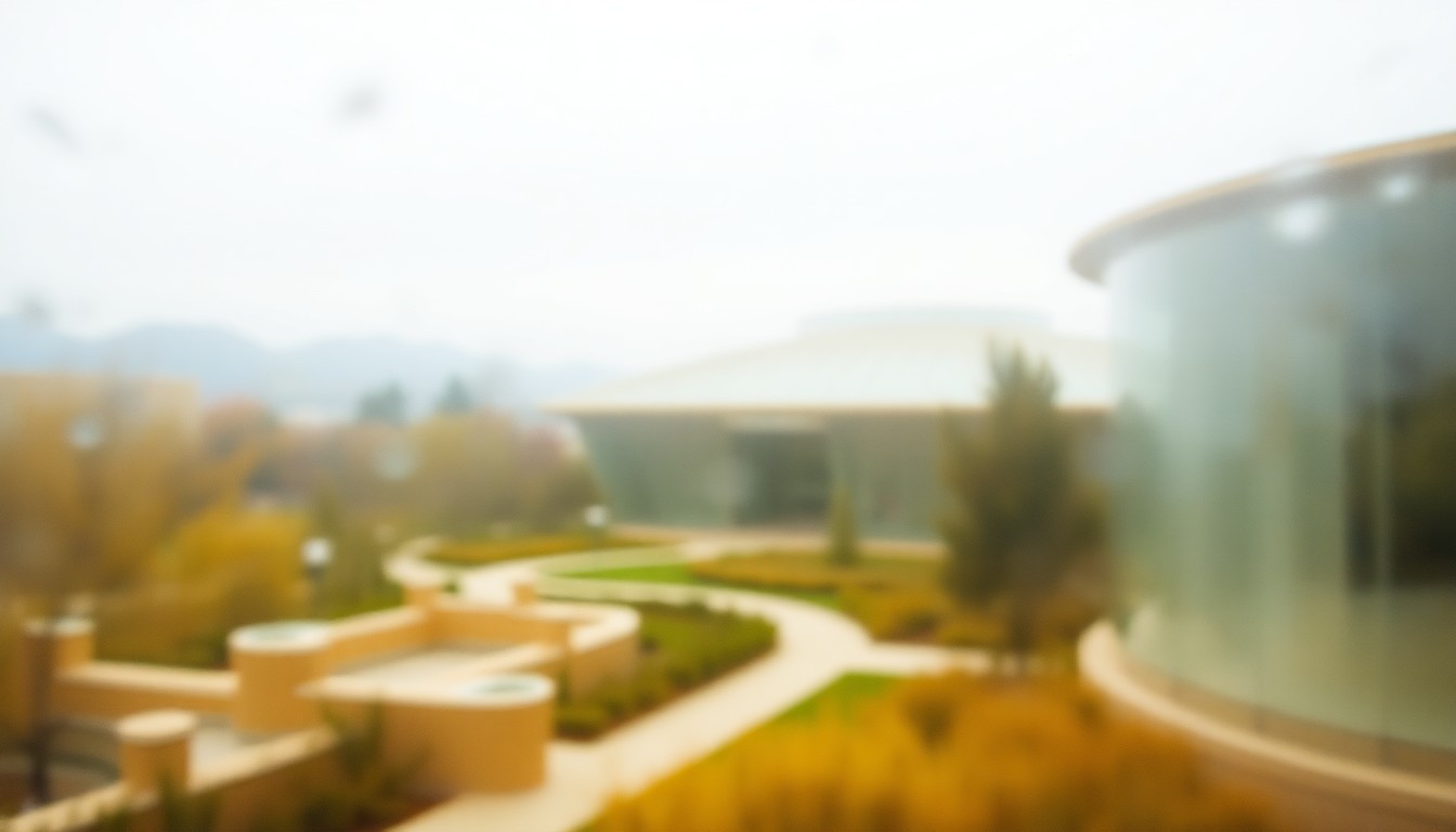 An impressionistic, out-of-focus photograph showing the soft, blurred outlines of the Getty Center's iconic architecture and landscaping, rendered in a warm palette of muted browns, yellows, and blues, creating a dreamlike, contemplative atmosphere.