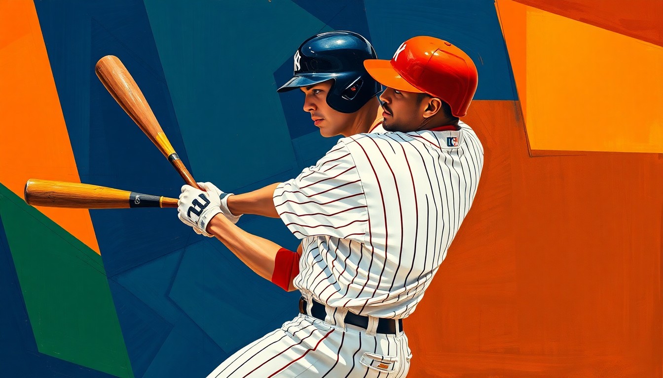 A fragmented, geometric painting depicting the various angles and planes of Aaron Judge's batting swing, rendered in a cubist style with bold, overlapping shapes in navy, green, and orange.