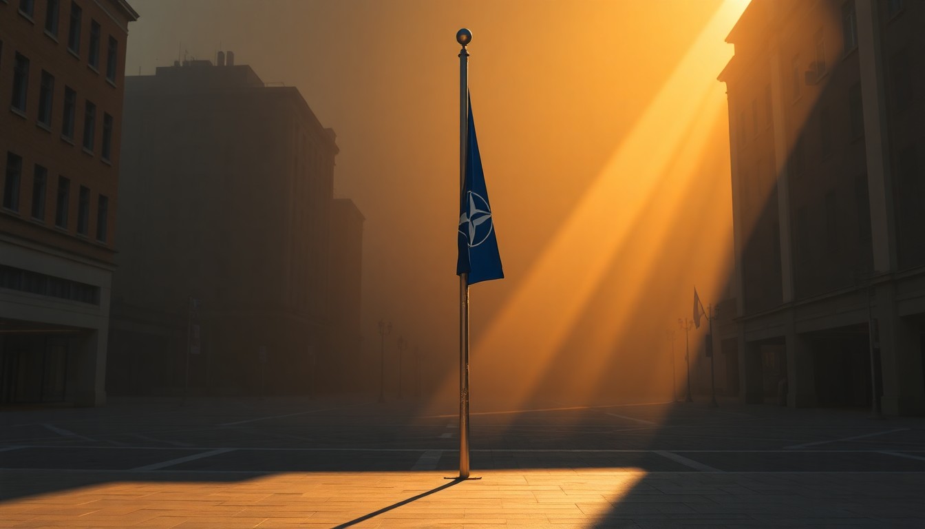 A cinematic painting of a lone NATO flag pole standing in an empty urban plaza, the flag draped and weathered, the scene bathed in warm, dramatic lighting that evokes a sense of political uncertainty and the fragility of international cooperation.
