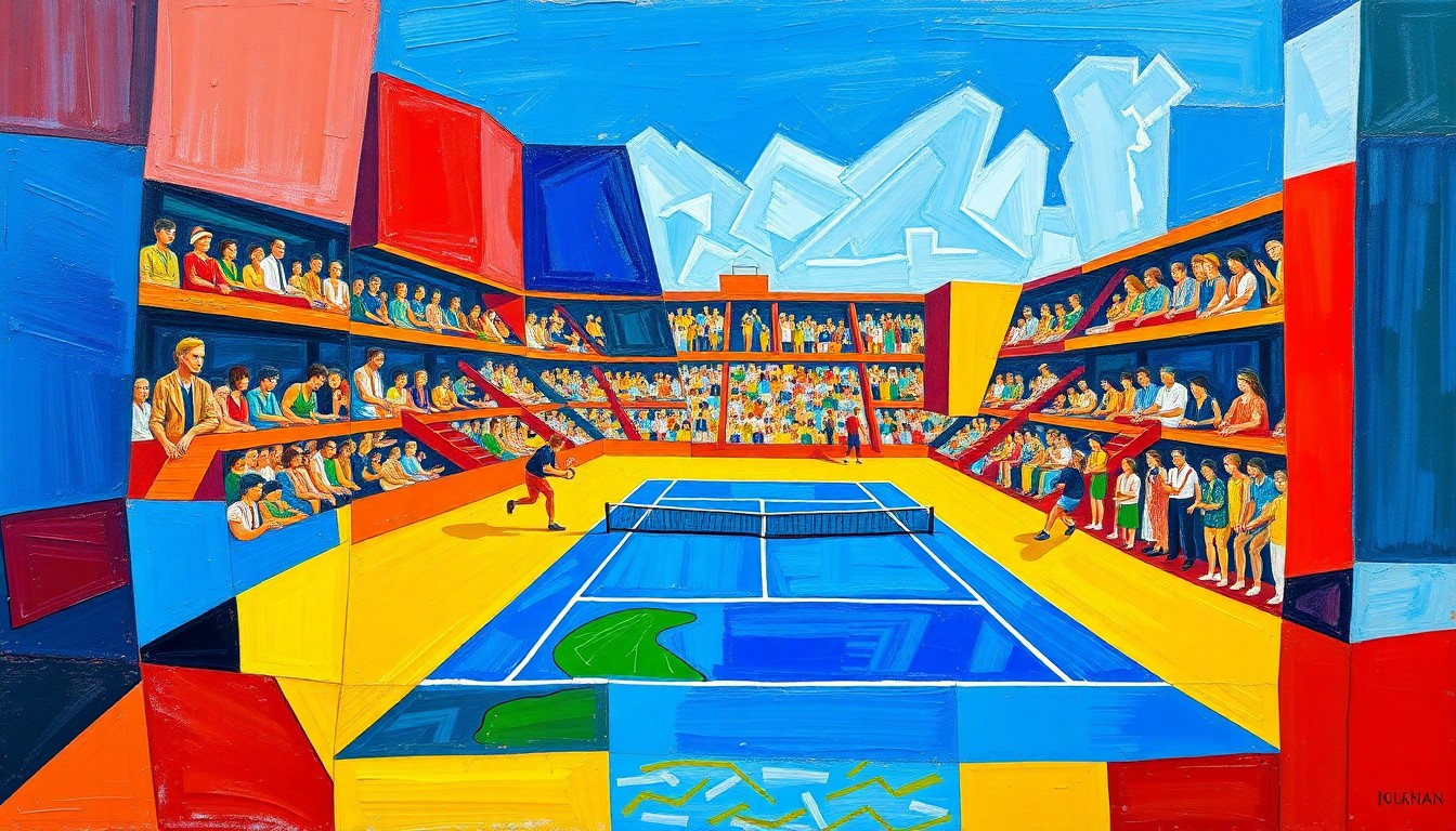 A cubist, geometric painting depicting a tennis match or tournament, with sharp, overlapping planes of color representing the dynamic action and energy of the sport.