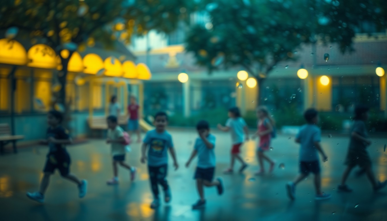 An abstract, impressionistic scene of blurred, colorful shapes and forms representing a school playground, conveying a sense of youthful energy and community despite the lack of clear visual details.