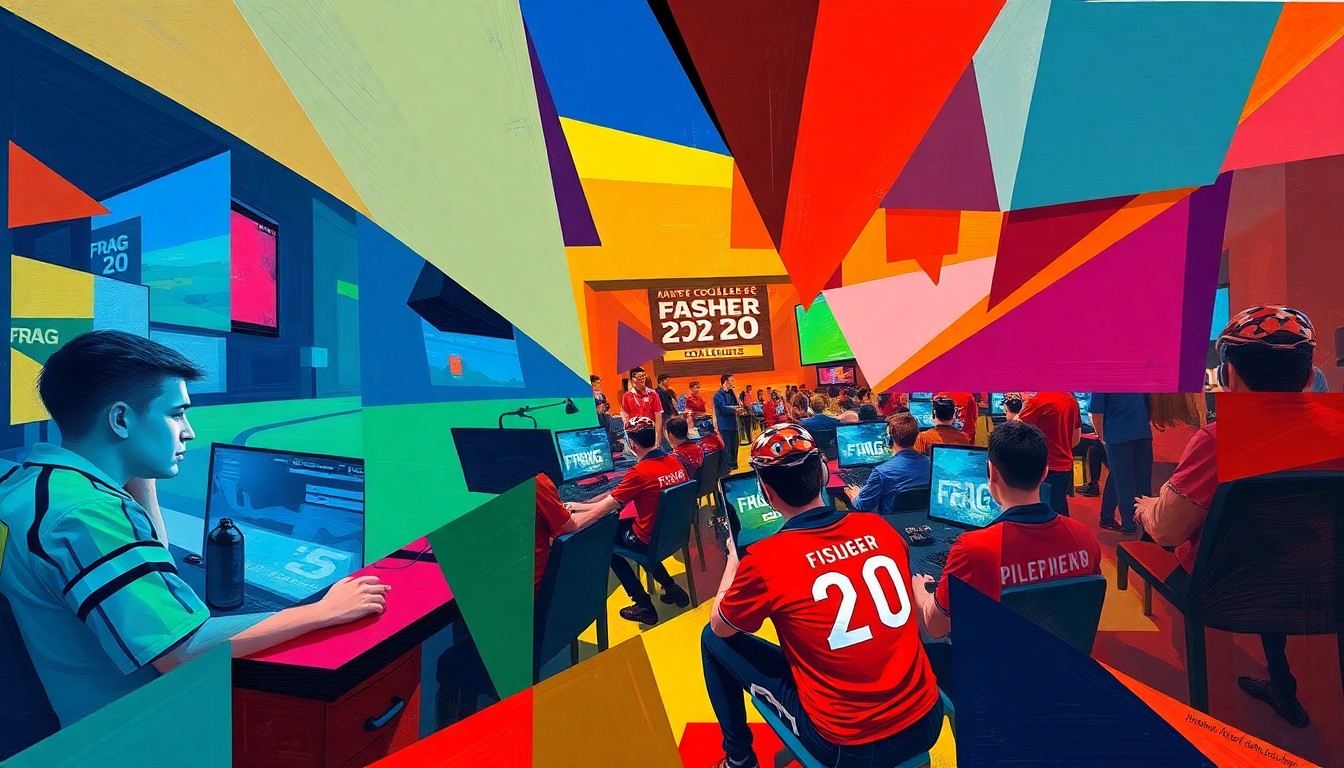 A fractured, cubist-style painting depicting a collegiate esports tournament scene, with sharp geometric shapes and planes in vibrant colors representing the energy and competition of the event.