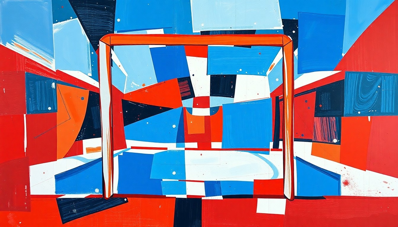 A cubist, geometric painting depicting a hockey player scoring a goal, with the puck, player, and net broken down into sharp, overlapping planes of blue, red, and white.