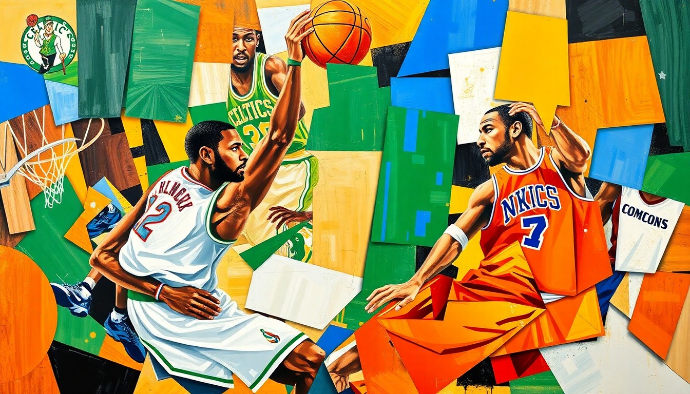 A cubist, geometric painting depicting a basketball game in motion, with fragmented shapes and planes of vibrant green, white, gold, orange, and blue colors representing the competing teams.
