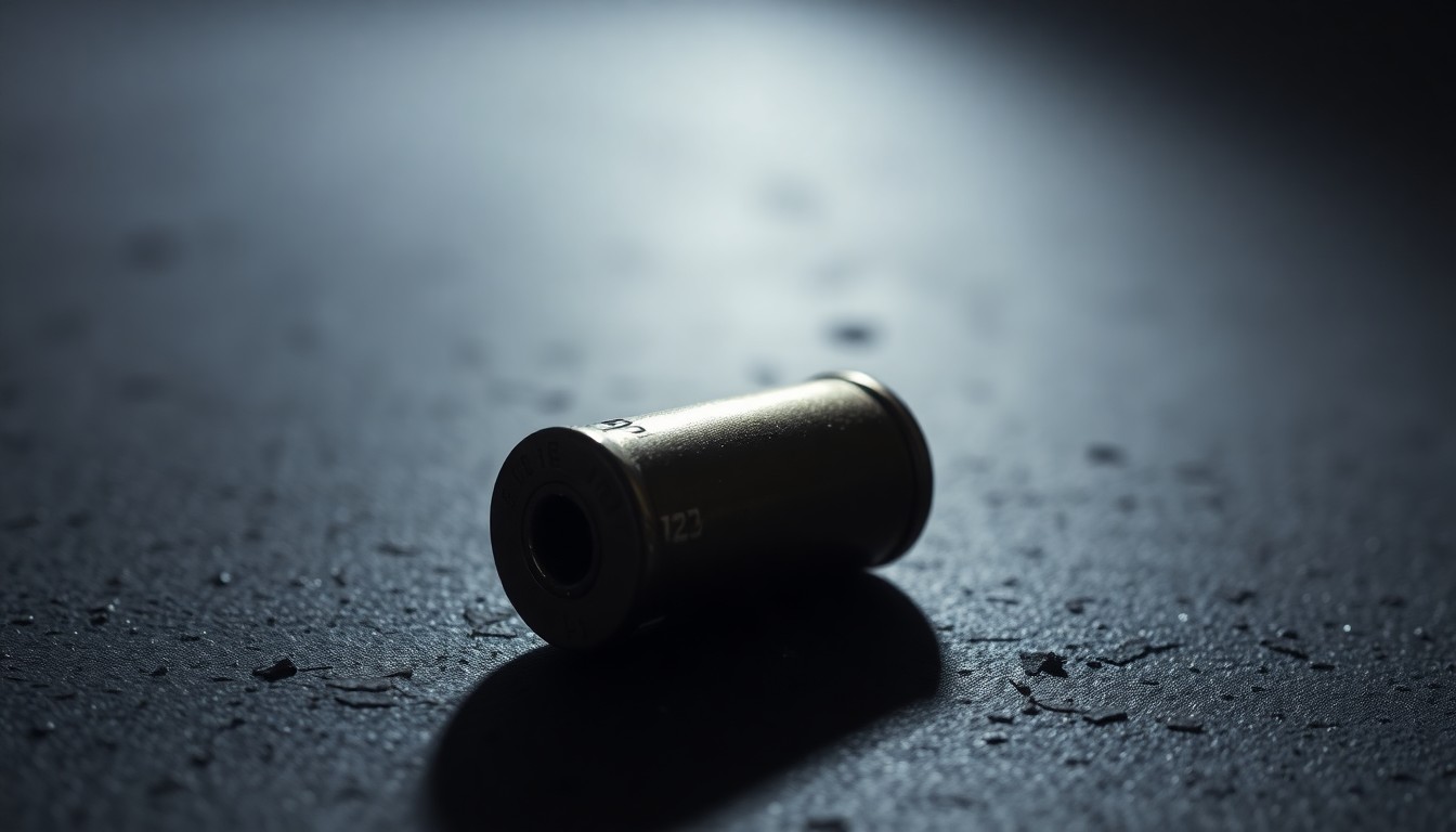 An extreme close-up photograph of a spent bullet casing on a dark, textured surface, lit by a harsh, direct camera flash, conceptually representing the urgency to address gun violence in Hartford.