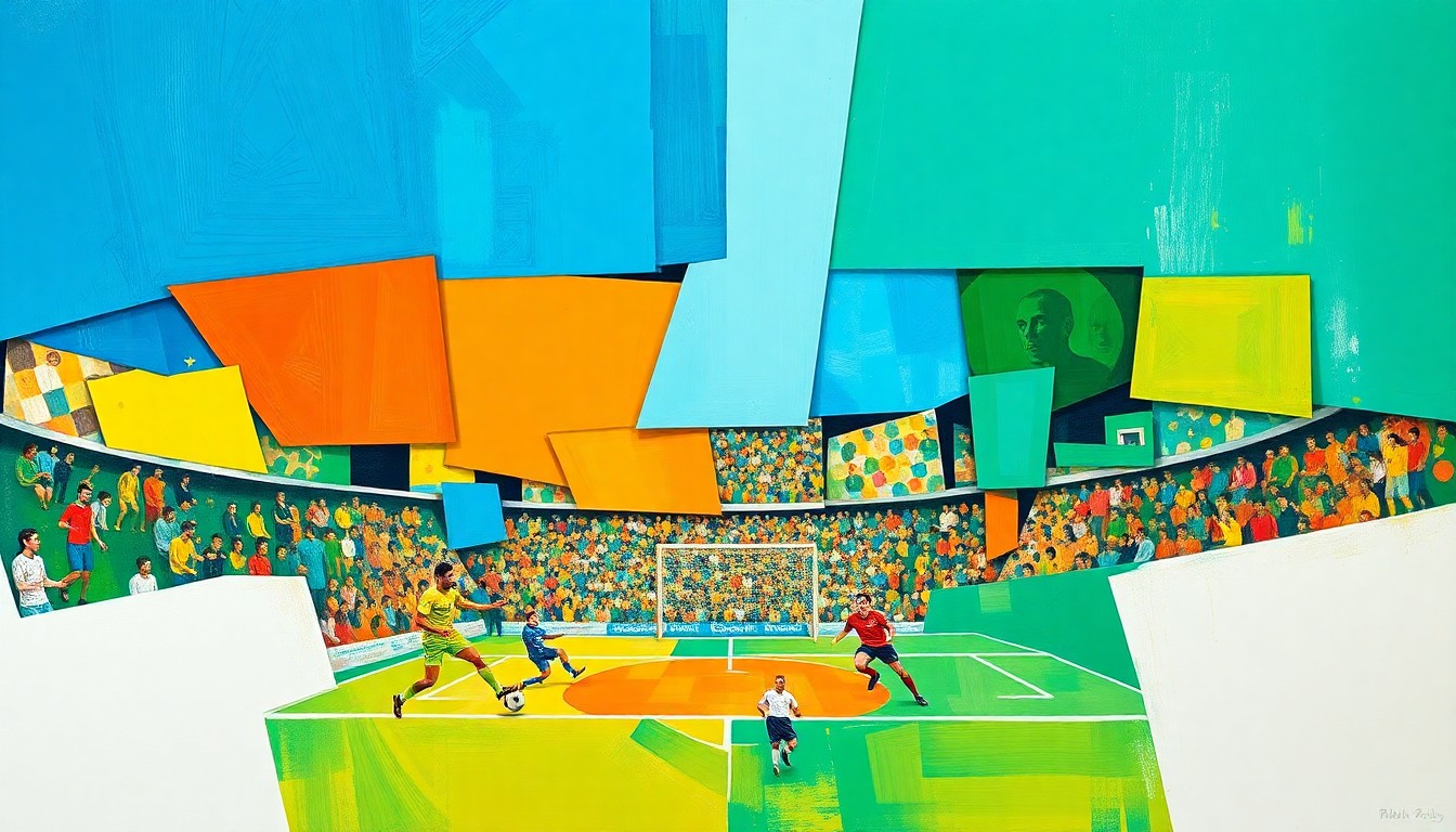 A cubist, geometric painting depicting a fragmented, multi-perspective view of a World Cup soccer match, with sharp, overlapping planes of vibrant colors like electric blue, fiery orange, and emerald green, conceptually representing the excitement and complexity of hosting the global event.