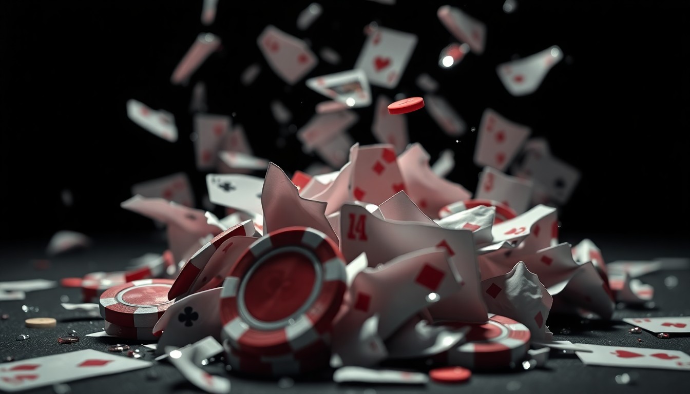An extreme close-up photograph featuring a chaotic arrangement of shattered casino chips and crumpled playing cards, captured in dramatic high-contrast studio lighting to create a sense of glamour and risk.