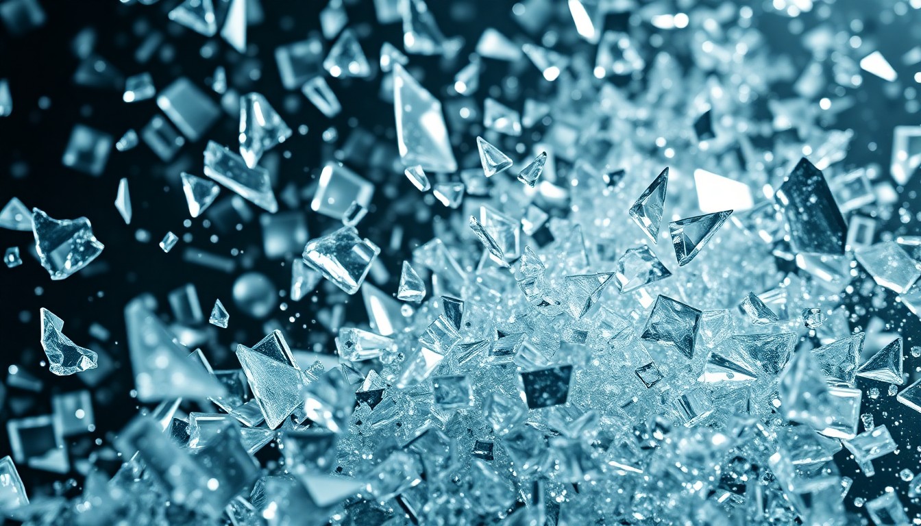 An abstract close-up image of shattered glass and glittering shards, conveying the chaotic energy and fragmented reputation of Soulja Boy's recent online controversies.