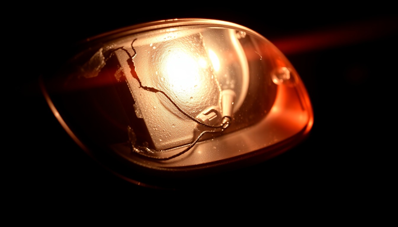 An extreme close-up of a damaged car sensor reflecting a faint red light, conceptually illustrating the aftermath of the high-speed chase and collision caused by the illegal immigrant suspect.