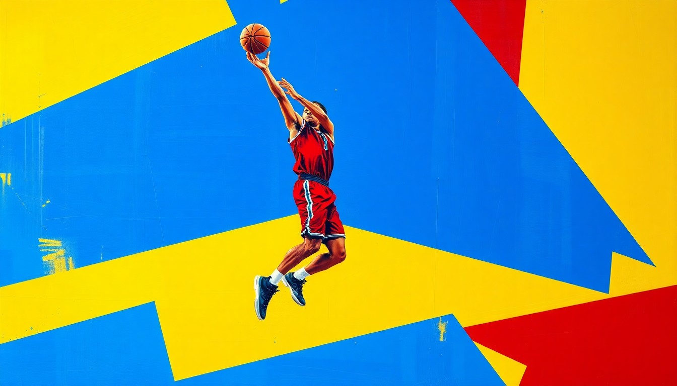 A cubist-style painting depicting a basketball player's jump shot broken down into sharp, overlapping geometric shapes in a vibrant color palette, conveying the fragmented nature of the Lakers' season without their star player.