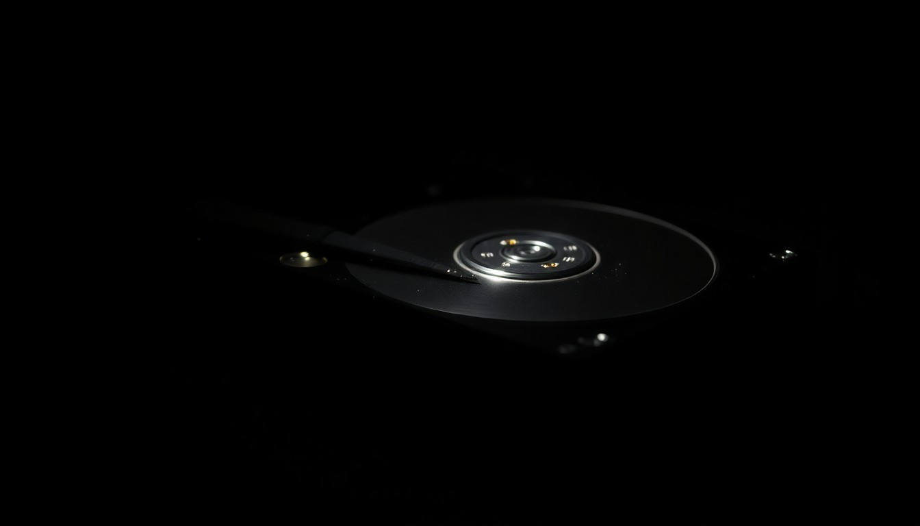 An extreme close-up photograph of a computer hard drive or digital storage device, lit by a harsh, direct camera flash against a pitch-black background, conveying a stark, gritty, investigative aesthetic about a recent law enforcement operation targeting online child exploitation.