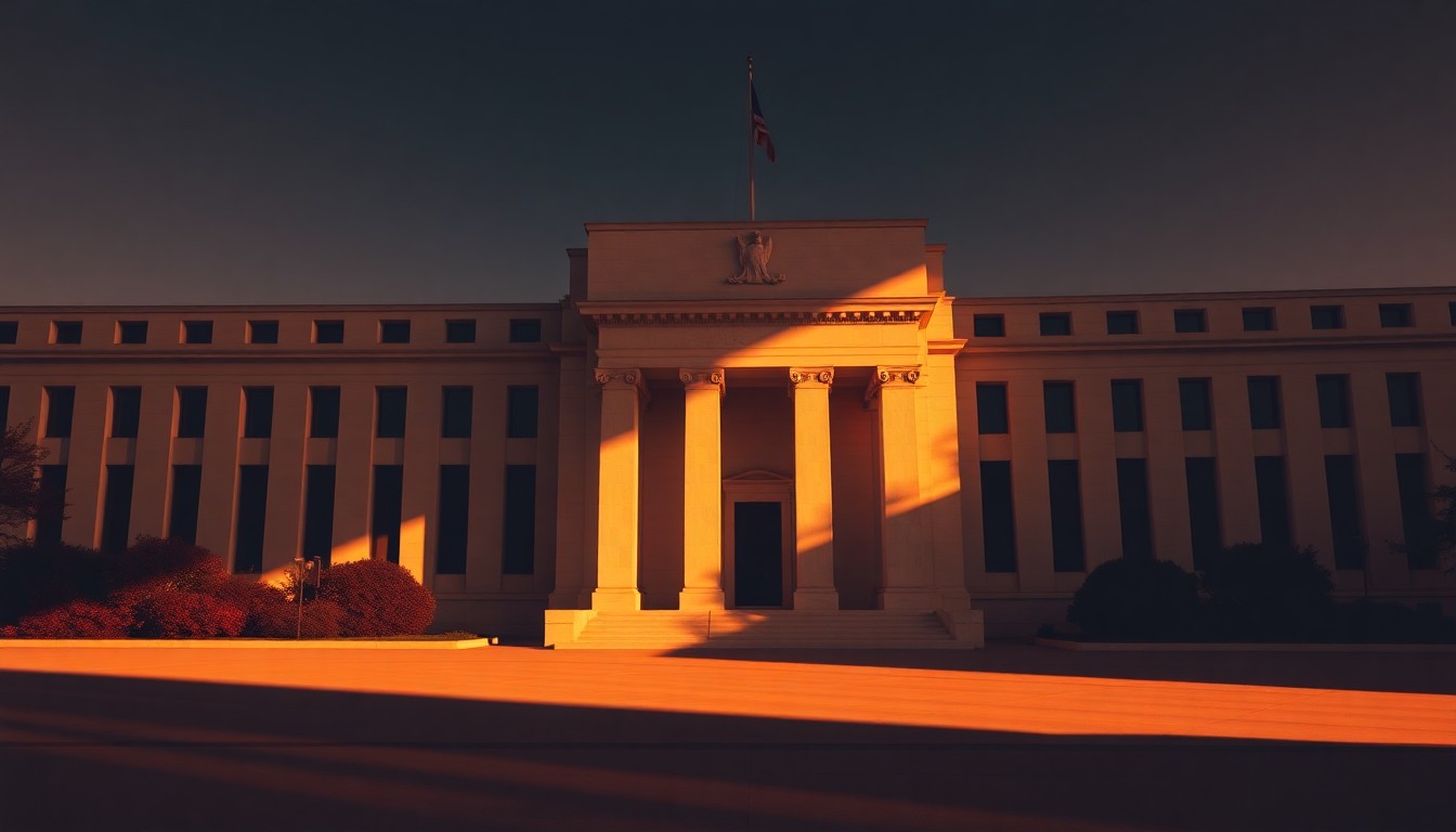 A quiet, cinematic painting of the Federal Reserve building in Washington, D.C. bathed in warm, diagonal sunlight and deep shadows, creating a sense of political transition and uncertainty.
