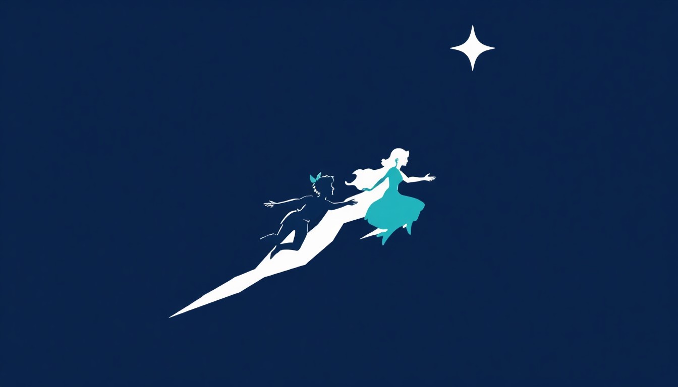 An abstract, minimalist illustration featuring stark, jagged silhouettes of Peter Pan and Wendy soaring through the air against a backdrop of geometric shapes in shades of blue and white, capturing the sense of wonder and motion of the iconic Disney characters.