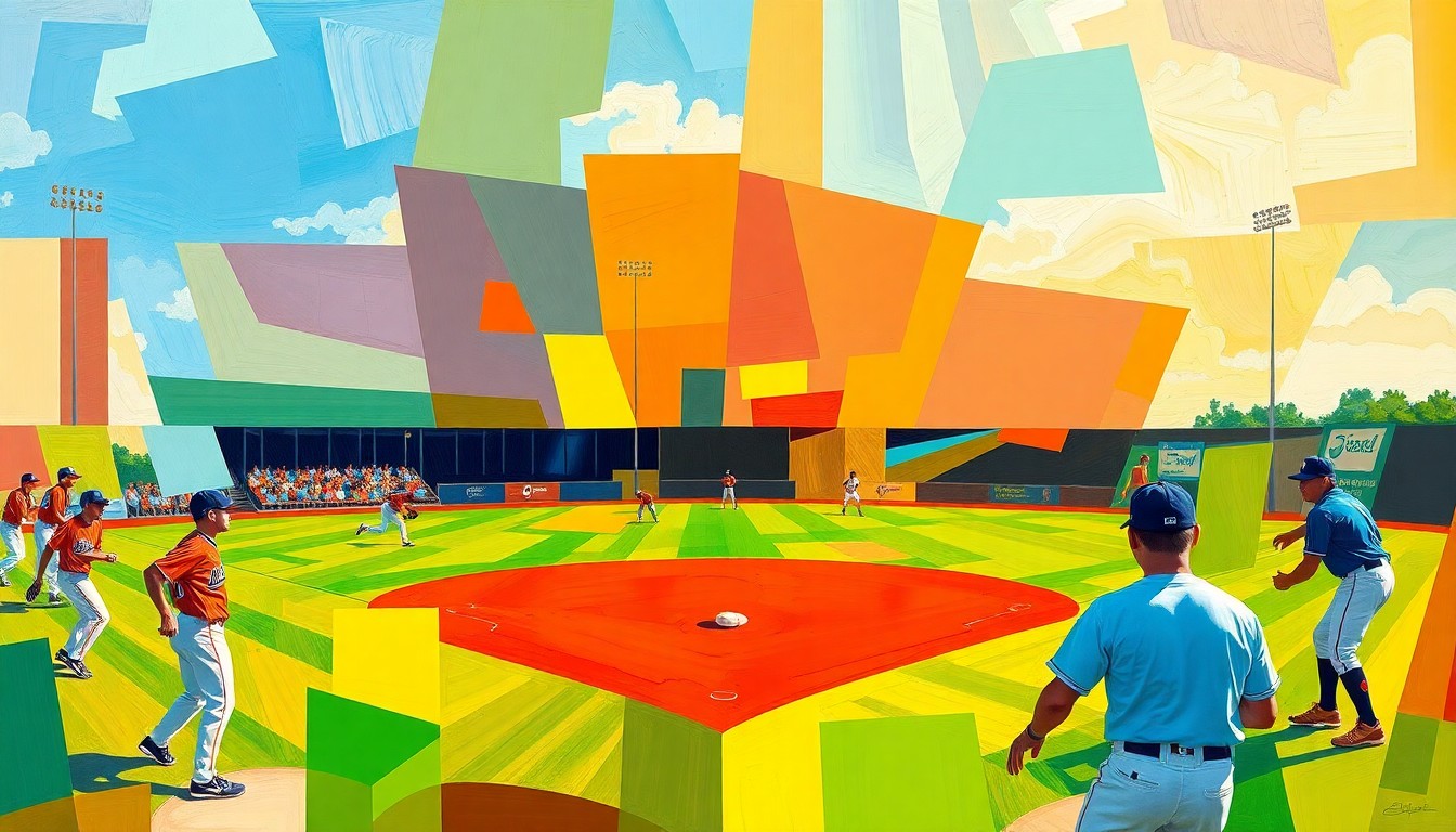 A fragmented, geometric painting in bold colors depicting the dynamic motion and energy of a high school baseball or softball game, with players and field elements abstracted into overlapping planes and shapes.