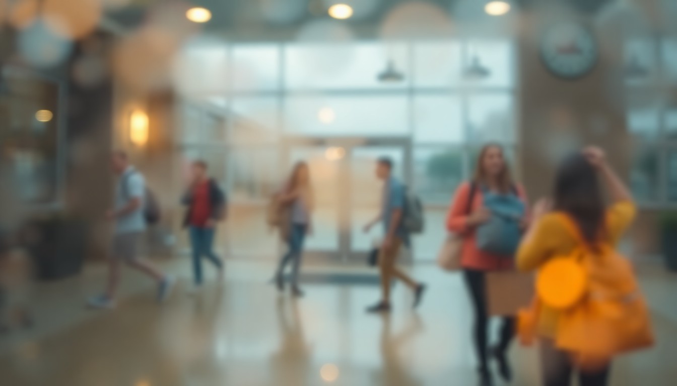 An abstract, impressionistic scene of blurred figures entering a school building on a rainy morning, captured in soft, warm tones and hazy, out-of-focus details that evoke the emotional experience of the schedule changes.