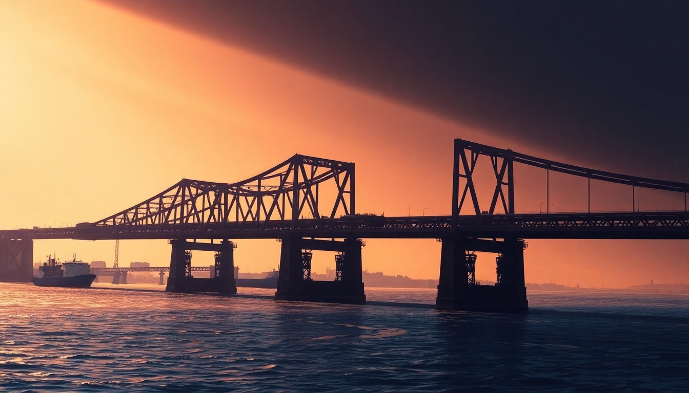 A photorealistic painting depicting the damaged Key Bridge structure in Baltimore, with a lone cargo ship visible in the distance. The bridge is bathed in warm, diagonal sunlight and deep shadows, creating a somber, contemplative mood.