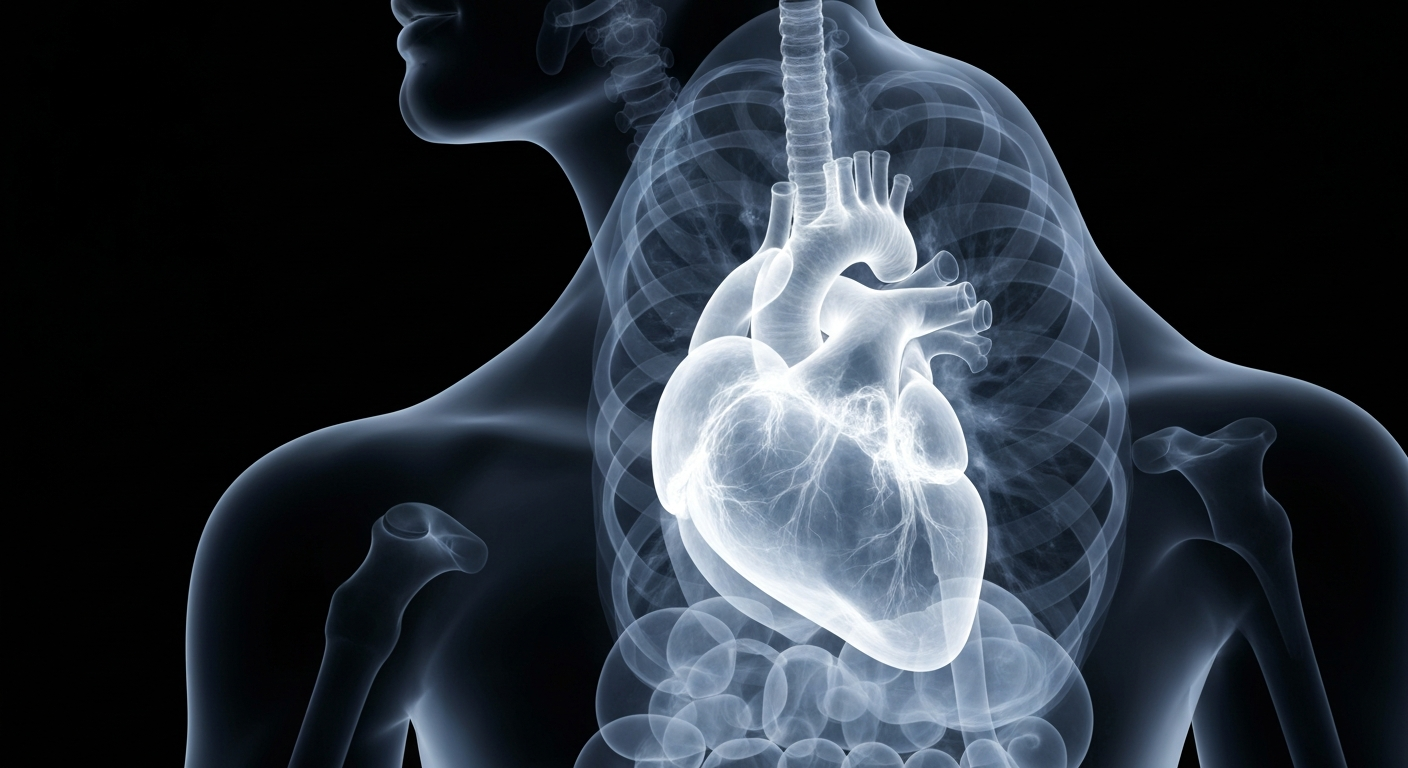 A translucent, ghostly X-ray photograph revealing the internal structures of the human heart, lungs, and other organs, conceptually representing the fragility of life and the importance of in-person medical attention.