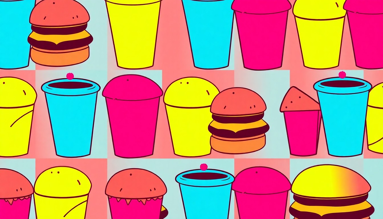 A high-contrast, silkscreen-style illustration featuring a repeated grid of a single, iconic fast food item in vibrant, neon colors, conceptually representing the diverse fast food landscape in New Jersey.