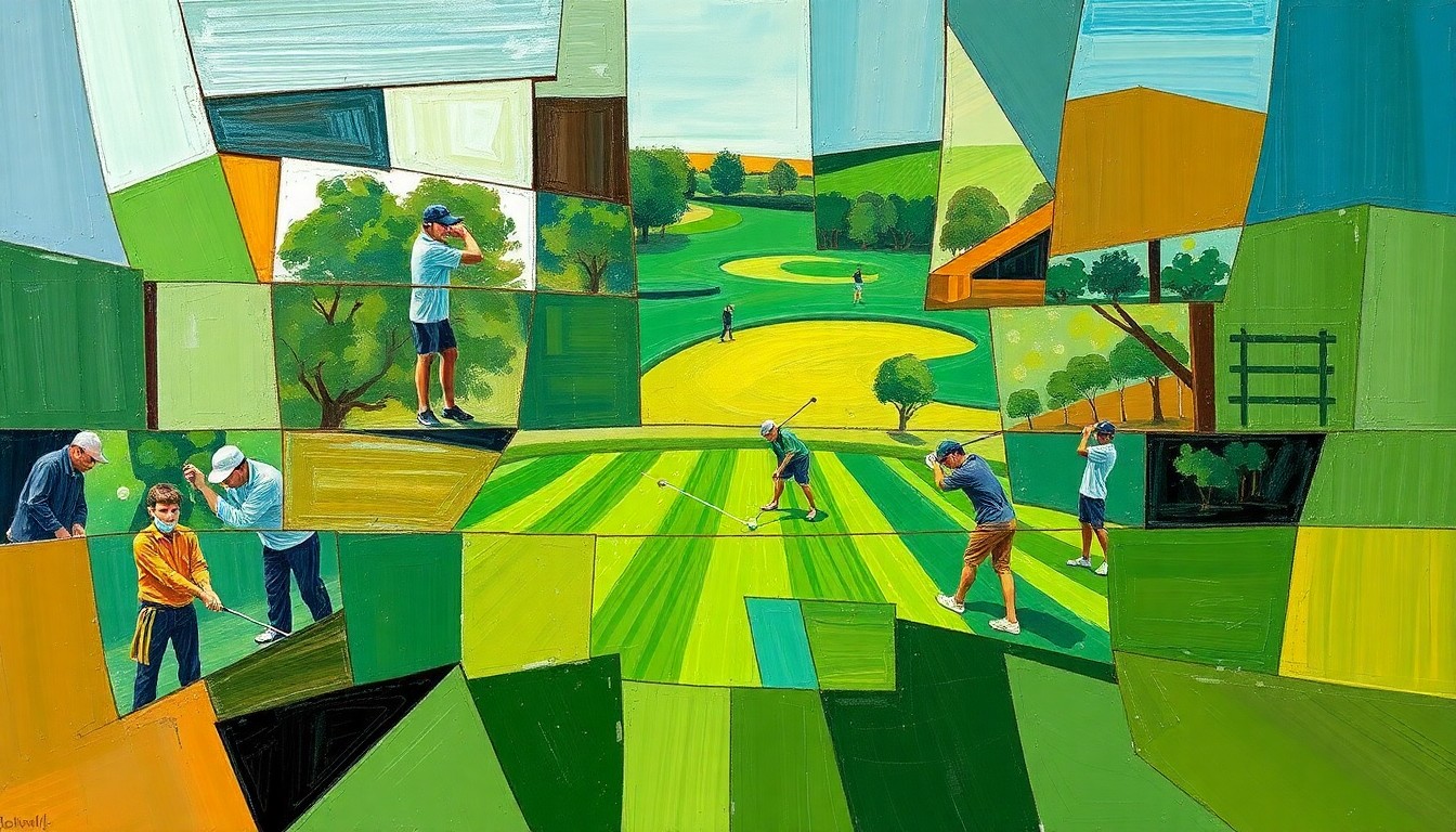 A fragmented, geometric painting depicting a high school golf match, with overlapping shapes and planes in earthy tones representing the players, clubs, and course elements.