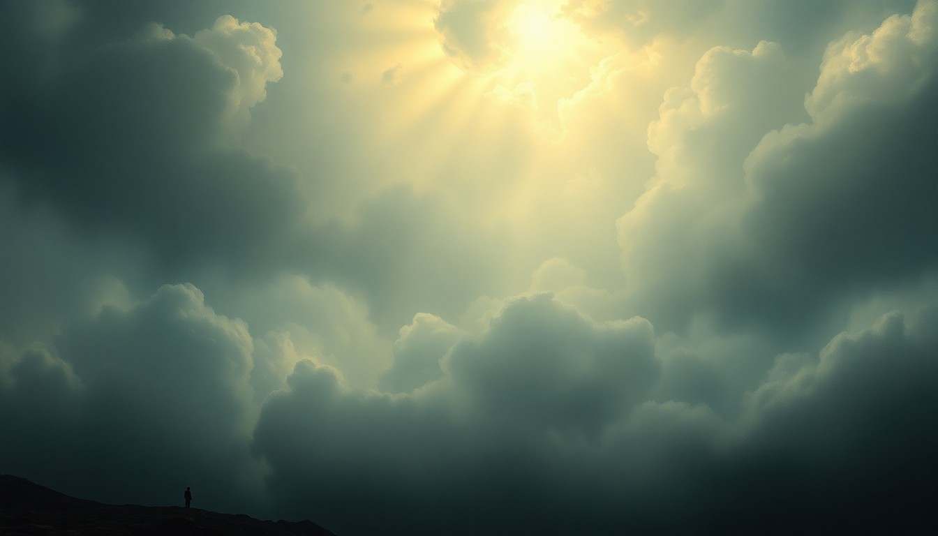 A vast, atmospheric landscape painting in muted tones of gray, blue, and green, depicting the Outer Banks coastline shrouded in heavy fog and rising waters, with only the faint outline of structures visible in the distance, conveying the overwhelming power of nature and the fragility of human habitation.