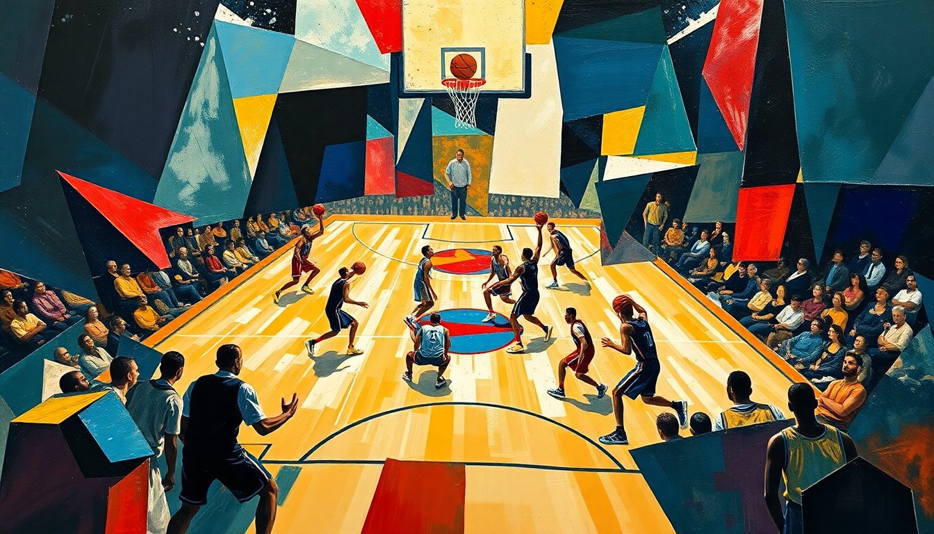 A cubist-style painting depicting a basketball game, with the players' forms broken down into abstract geometric shapes and colors, capturing the intensity and energy of the sport.