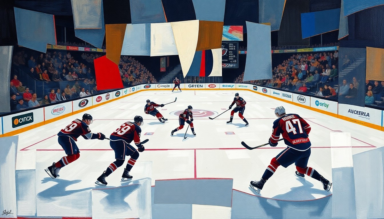 A cubist-style painting depicting a hockey game between the Carolina Hurricanes and Columbus Blue Jackets, with the players' movements and the intensity of the game captured through sharp, overlapping geometric planes in a fractured, multi-perspective composition.