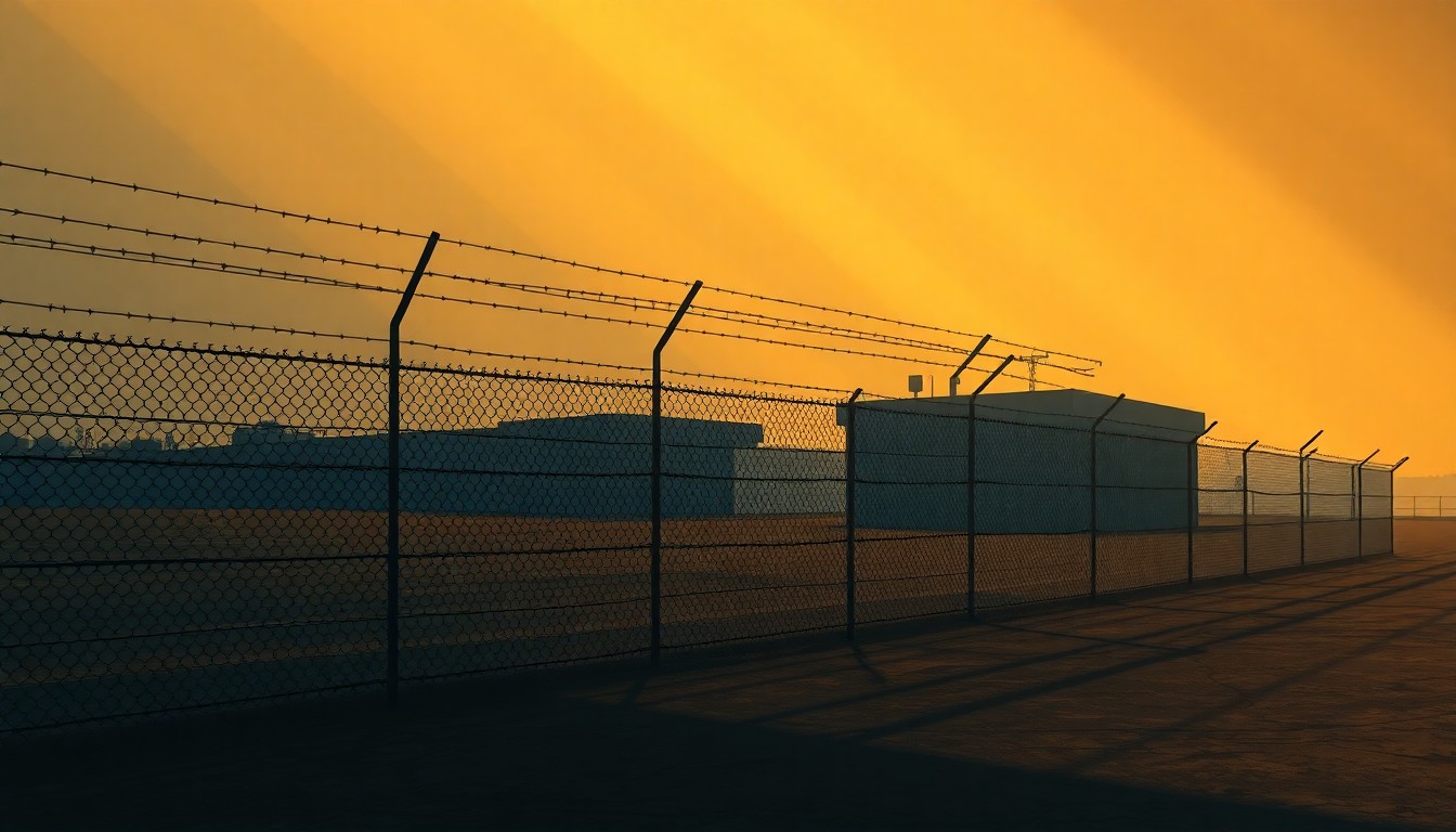 A serene, photorealistic painting of a solitary barbed wire fence surrounding an empty, nondescript immigration detention center, with the building bathed in warm, golden sunlight and deep shadows, conveying a sense of quiet contemplation about the complex politics of immigration enforcement.