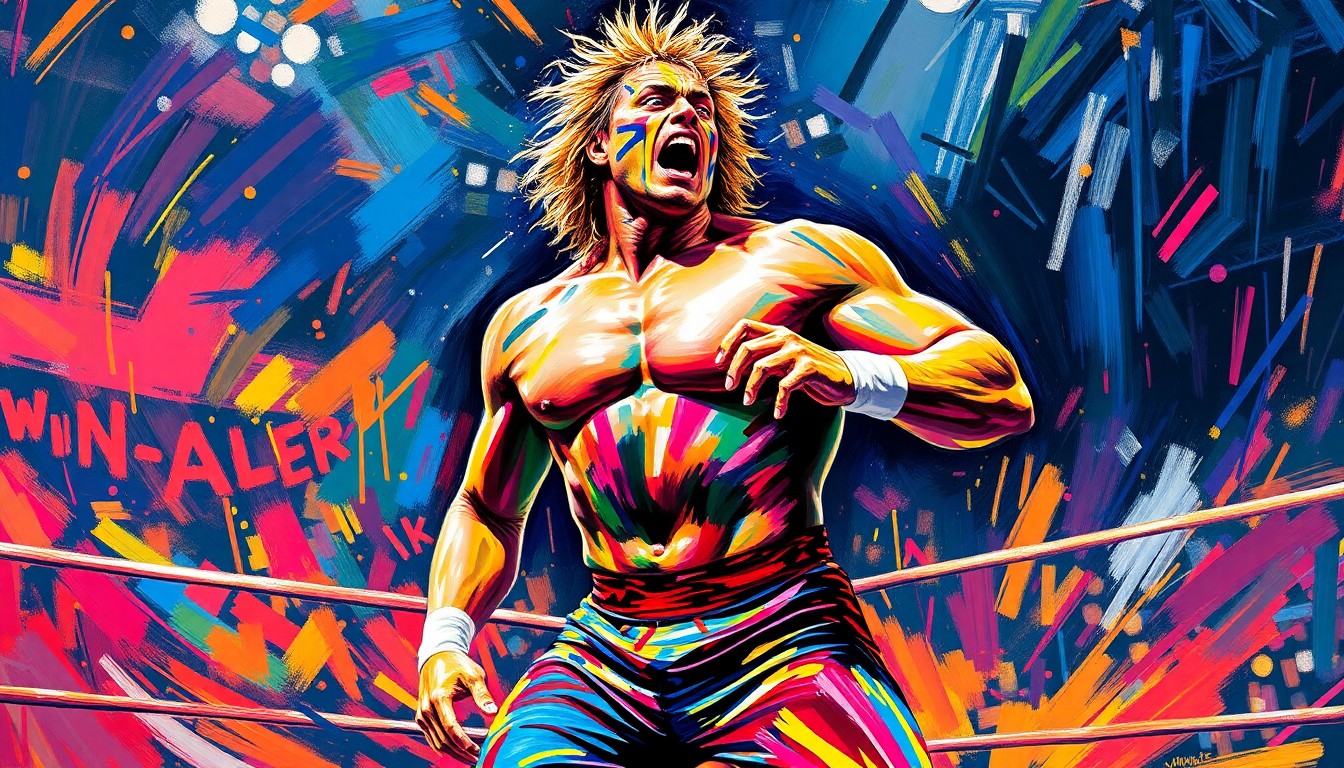 An abstract, expressionist painting featuring bold, neon-colored brushstrokes that capture the dynamic movement and raw energy of a professional wrestler preparing for a match, conveying the excitement and anticipation surrounding Royce Keys' upcoming SmackDown debut.