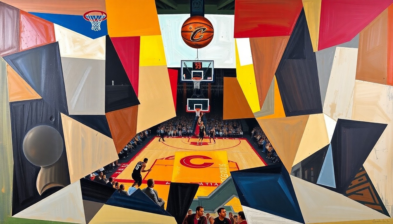 A fragmented, geometric painting depicting a basketball game, with the players and court broken down into sharp, overlapping planes of color and shape, conveying the intensity and strategic complexity of the matchup between the two teams.