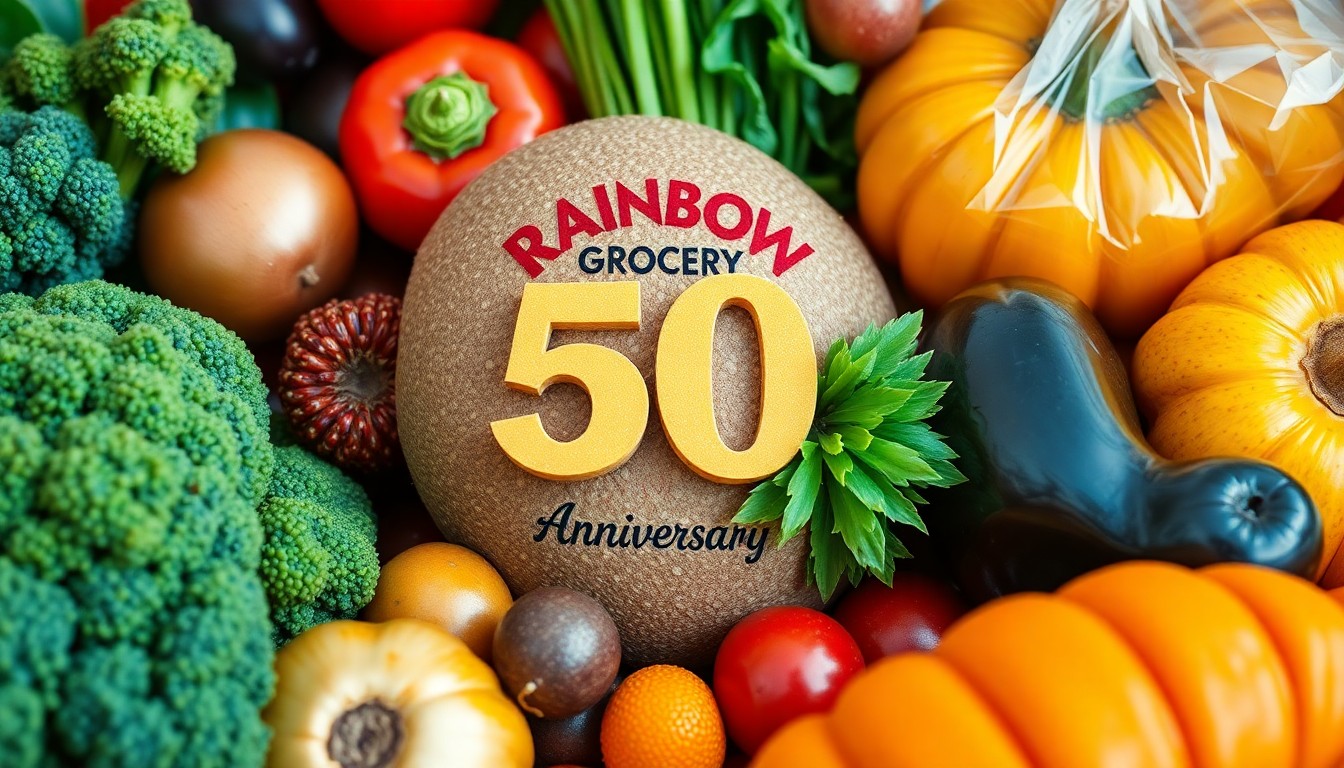 An extreme close-up of lush, textured organic fruits, vegetables, and handmade natural products in a variety of bright, saturated colors, conceptually representing the joyful community spirit of Rainbow Grocery's 50th anniversary celebration.